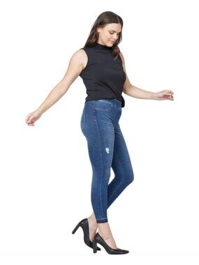 SPANX Distressed Ankle Skinny Jeans Shaping Denim Blue Jean Size Small (2-4)